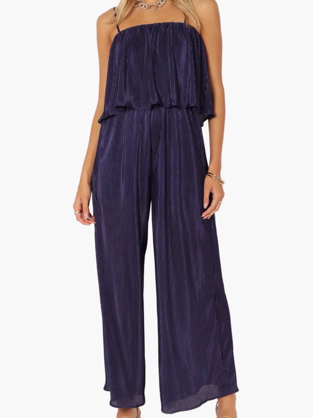 Petal + Pup Blue Plissé Pleated Wide Leg Jumpsuit Party Wedding Medium NEW